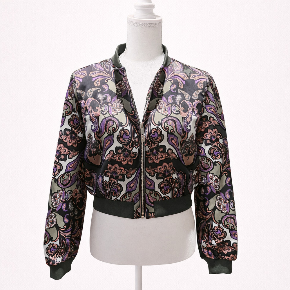 Tahari Small Ornate Paisley Cropped Jacket Boho Luxe Statement Layering Bomber